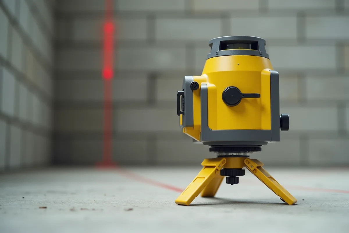 Niwelator laserowy na statywie stojący na świeżej płycie betonowej